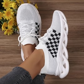 Womens Houndstooth Low Top Sports Shoes - Breathable, Comfy, Lace-Up, Fabric Inner, EVA Sole - All-Season, Outdoor Walking, Running, Fashion Sneakers