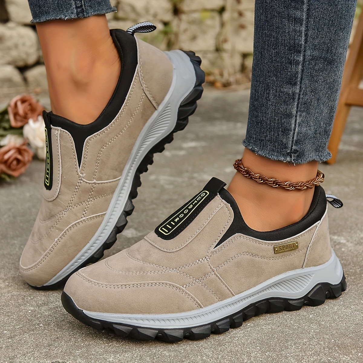 womens letter pattern fashion slip on walking shoes non slip lightweight outdoor athletic sneakers details 1